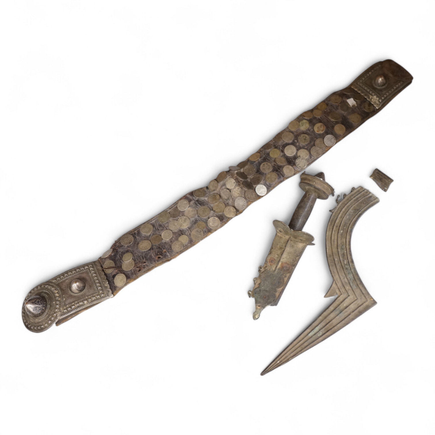 A 19th century Persian silver, niello work and coin mounted belt, dated 1880 (1297 AH in script) and an African sword (broken)
